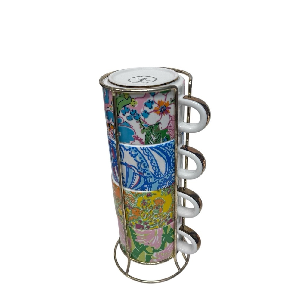Lilly Pulitzer 4 Espresso Stacking Cup Mugs Set 8.8 oz Caddy Stand Floral Tea - Picture 3 of 5